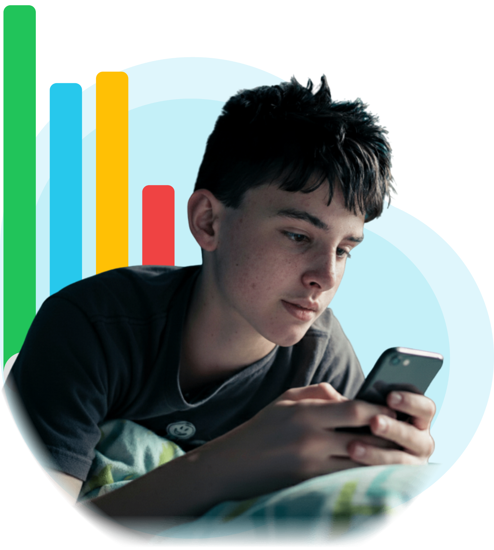 Child using smartphone showing digital activity monitoring with safety indicators