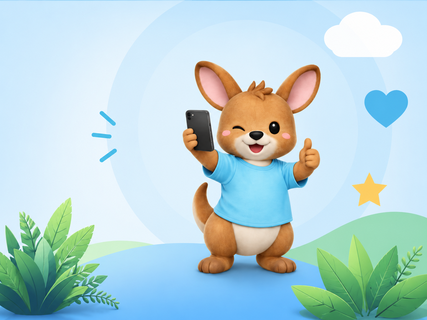 Joey mascot holding a phone and giving a thumbs up