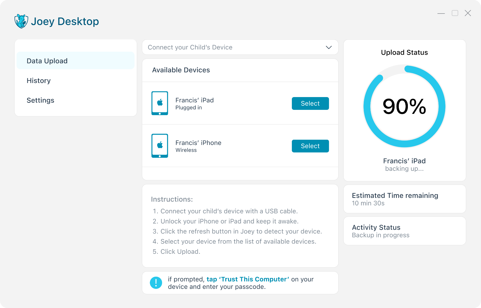 Joey Desktop Interface showing device connection, upload status, and backup progress
