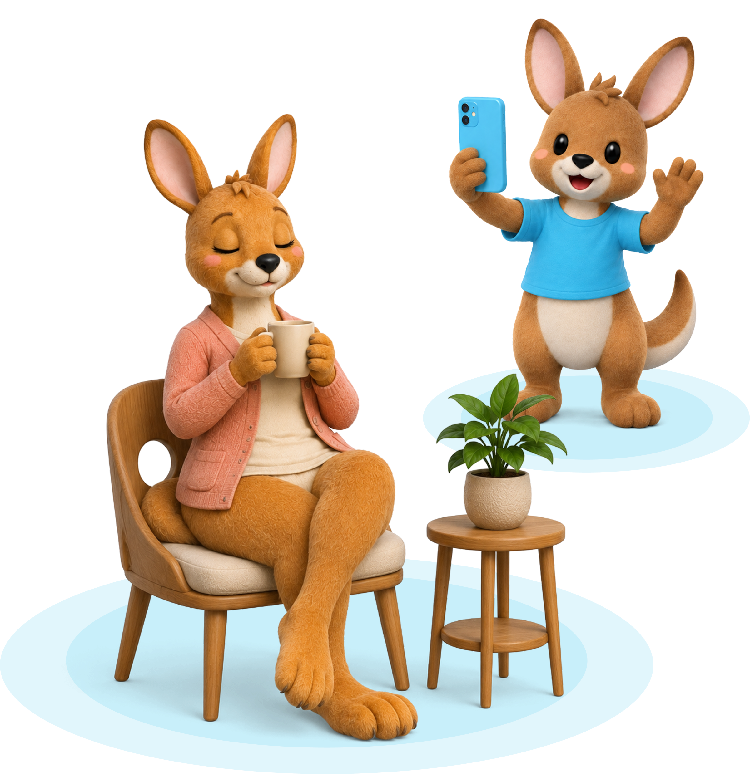 A parent kangaroo relaxing with a coffee while a young kangaroo takes a selfie