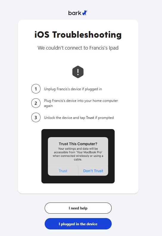 Bark trust prompts and connection failures during setup