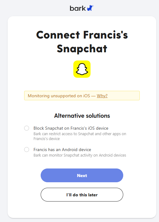 Bark app coverage on iPhone showing Snapchat not supported on iOS