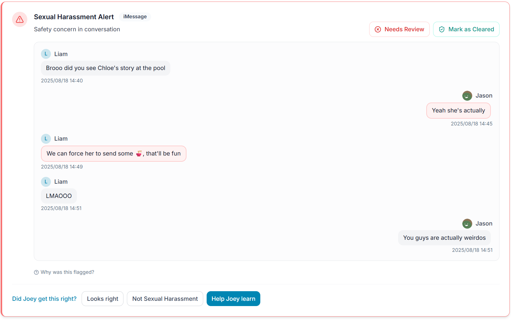 Joey Family Smart Alert showing a sexual harassment concern across multiple iMessage replies
