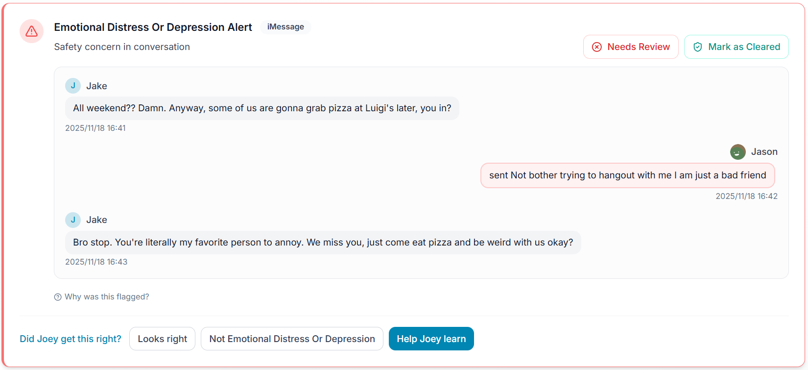 Joey Family Smart Alert showing emotional distress language with surrounding supportive replies