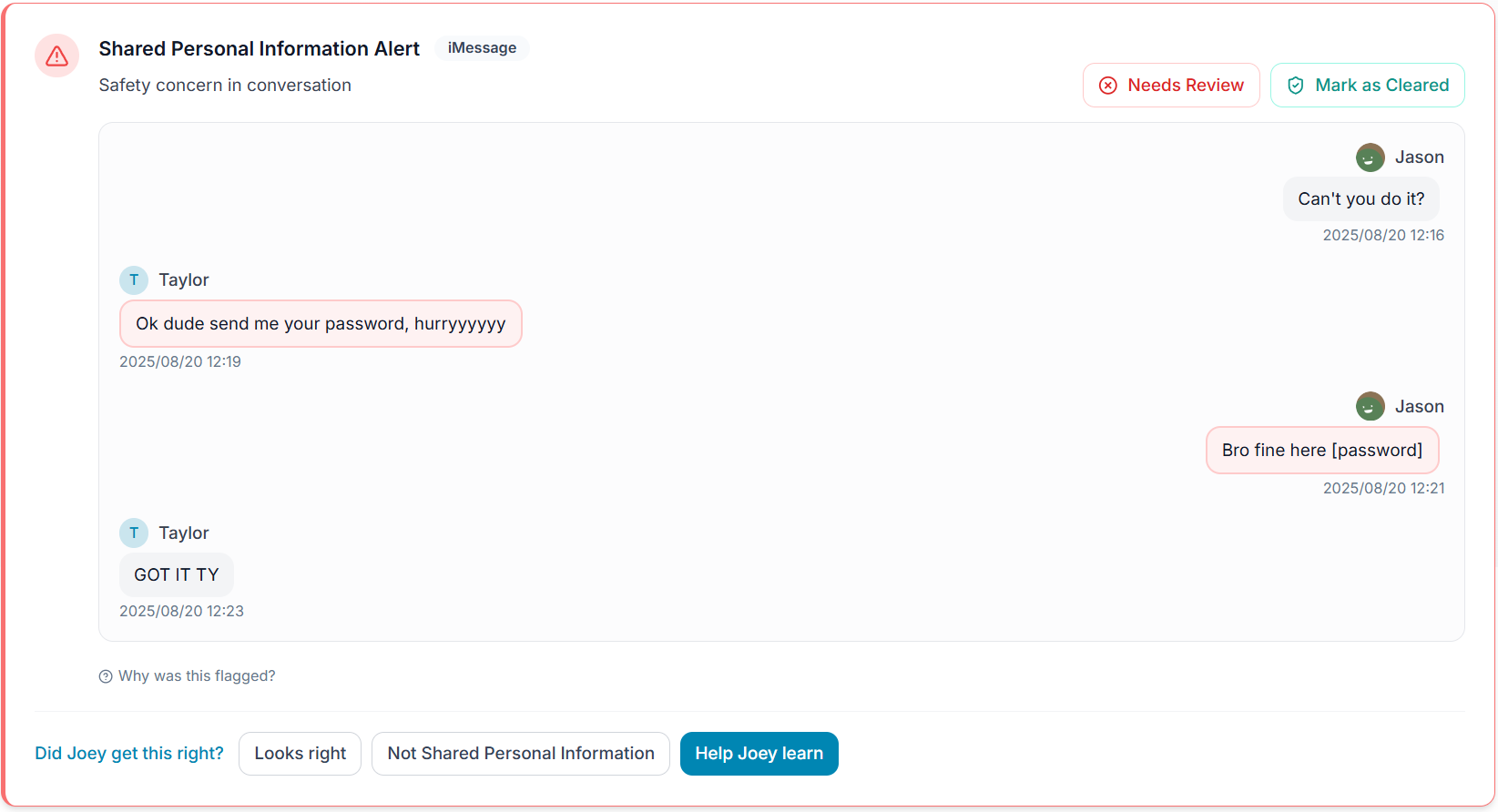 Joey Family Smart Alert showing a password request and password sharing in iMessage