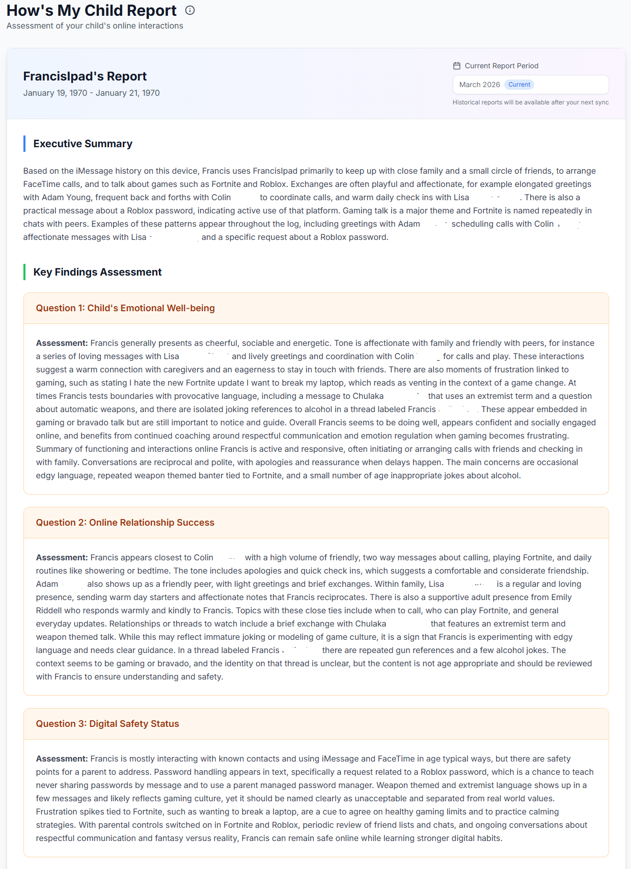 How's My Child report example