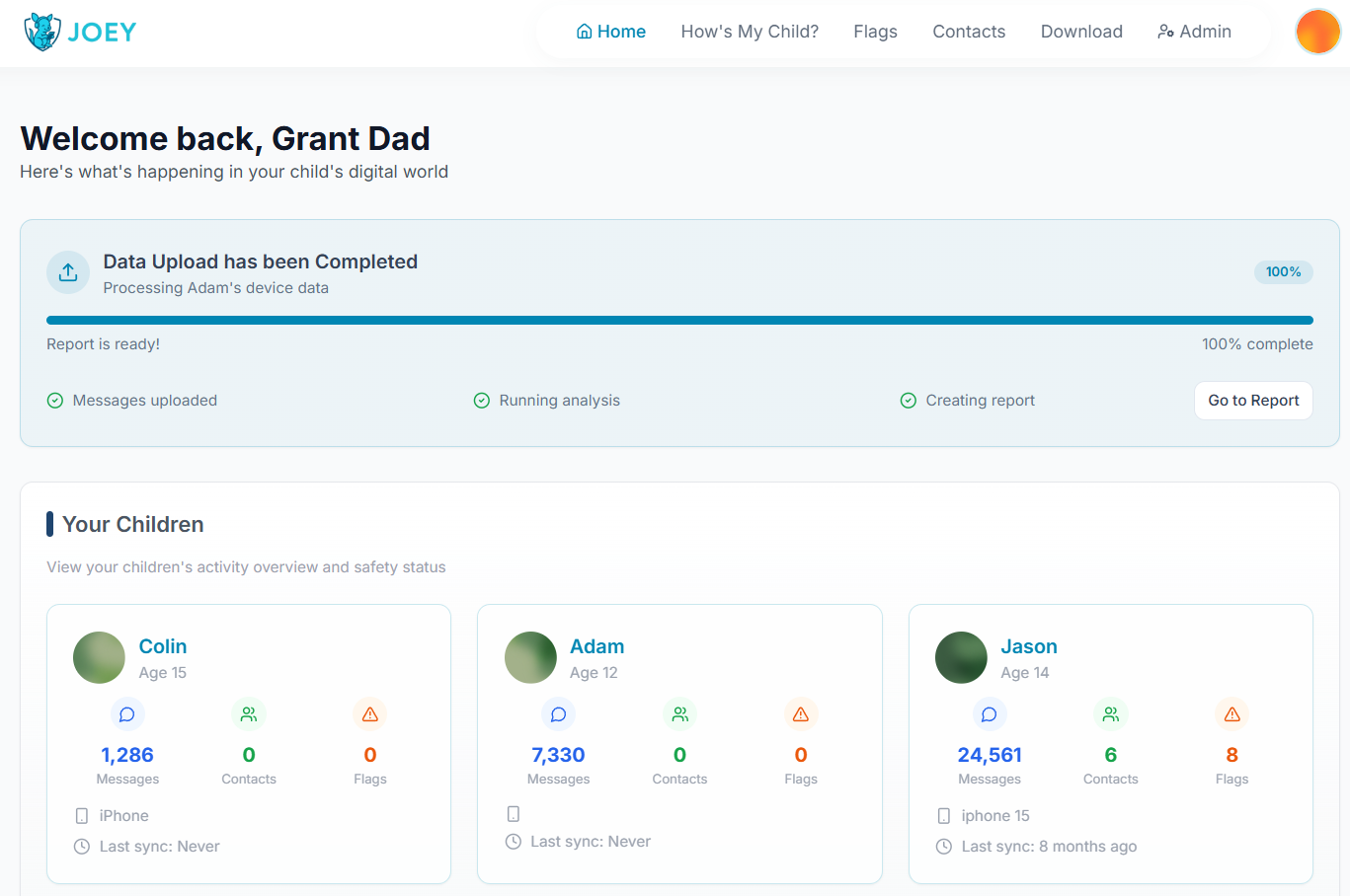 Joey Basic home screen showing core monitoring modules