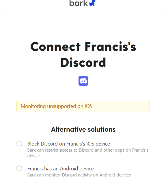 Bark setup showing limited support for Discord on iOS
