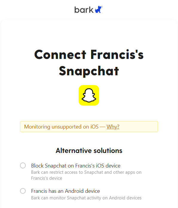Bark setup showing limited support for Snapchat on iOS