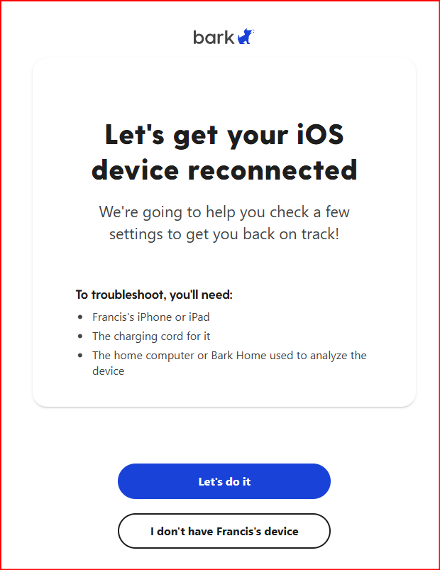 Bark troubleshooting screen showing device detection failure