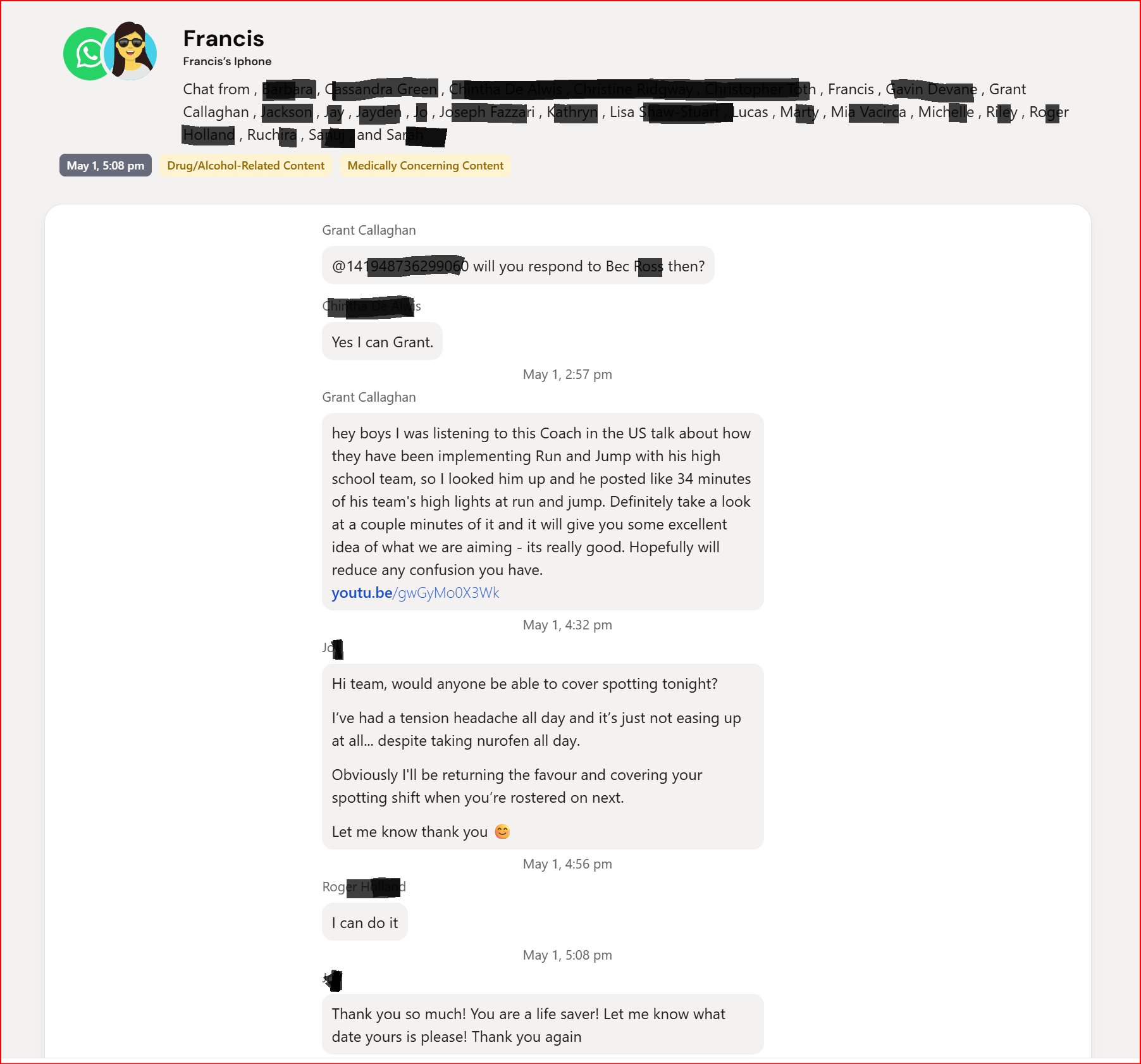 Bark flagging a coaching group chat as drug alcohol and medically concerning content