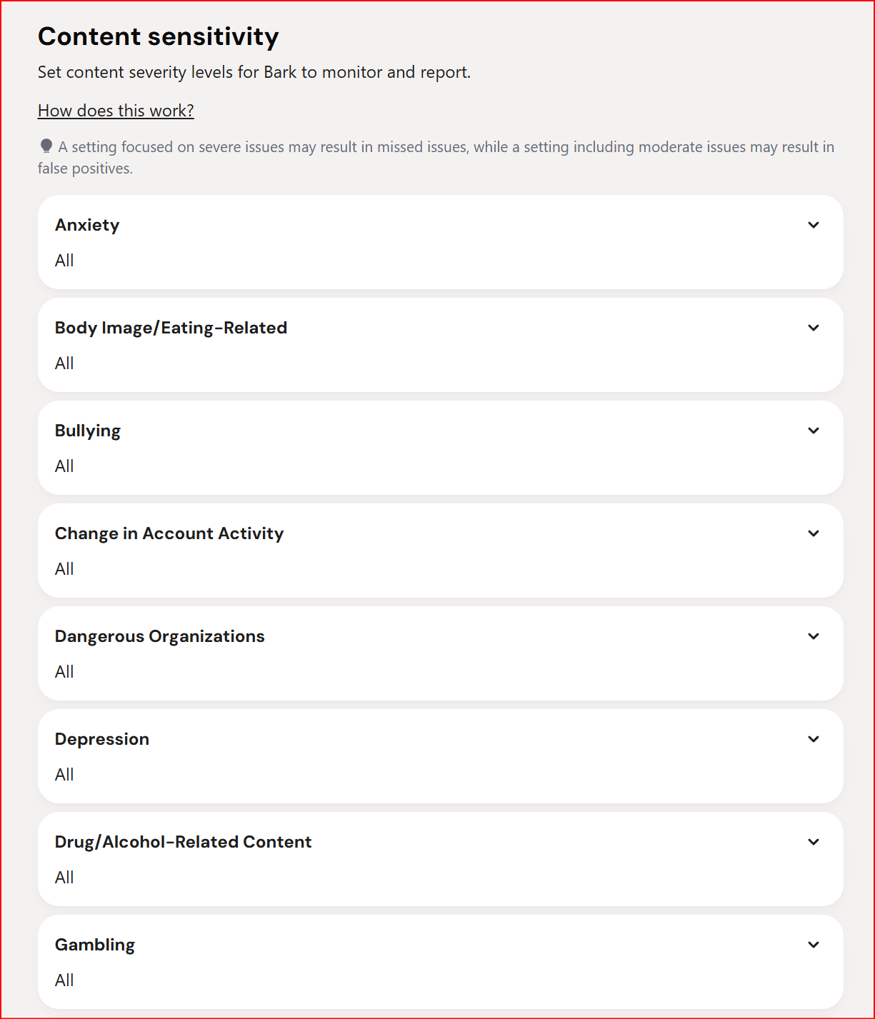 First half of Bark's content sensitivity category list