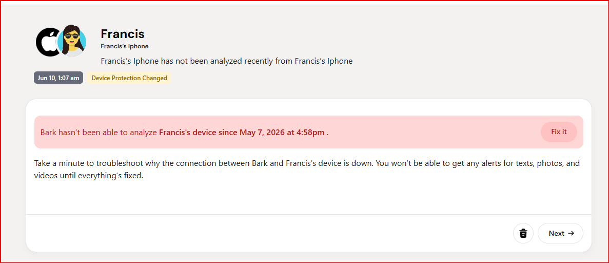 Bark saying the iPhone had not been analyzed recently