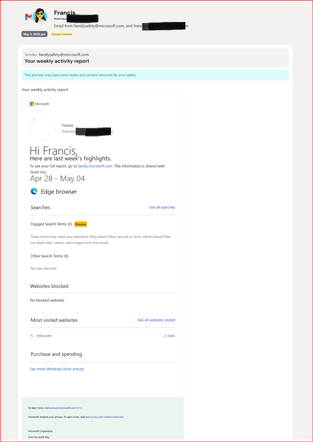 The Microsoft Family Safety activity report Bark flagged as sexual content