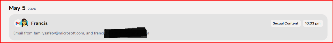Bark summary showing a Microsoft Family Safety email flagged as sexual content