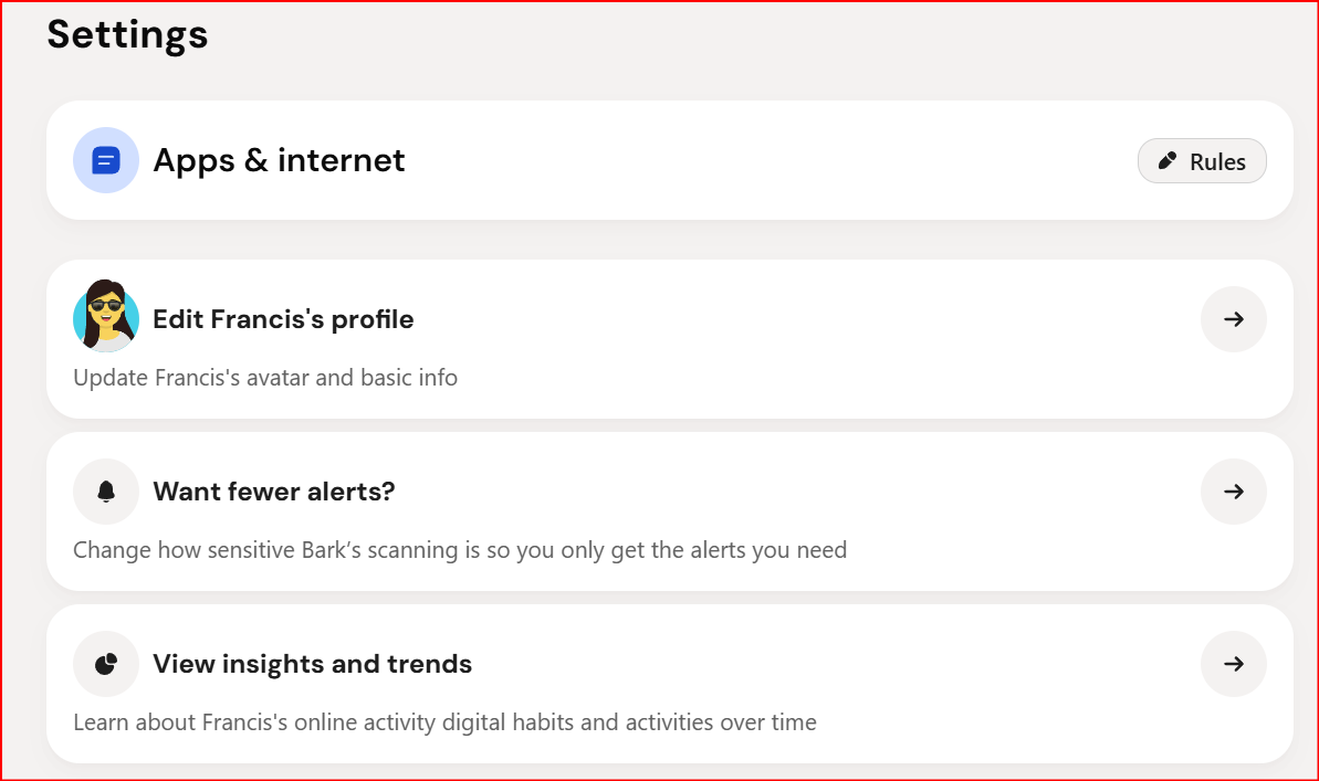 Bark settings card directing parents to sensitivity controls