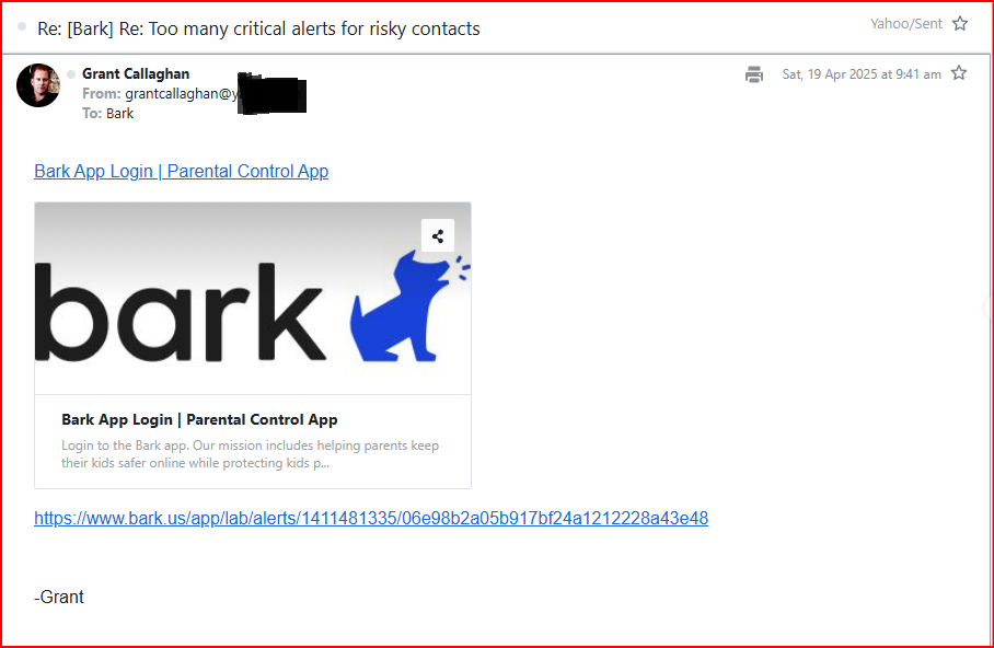 My email supplying the Bark alert URL requested by support