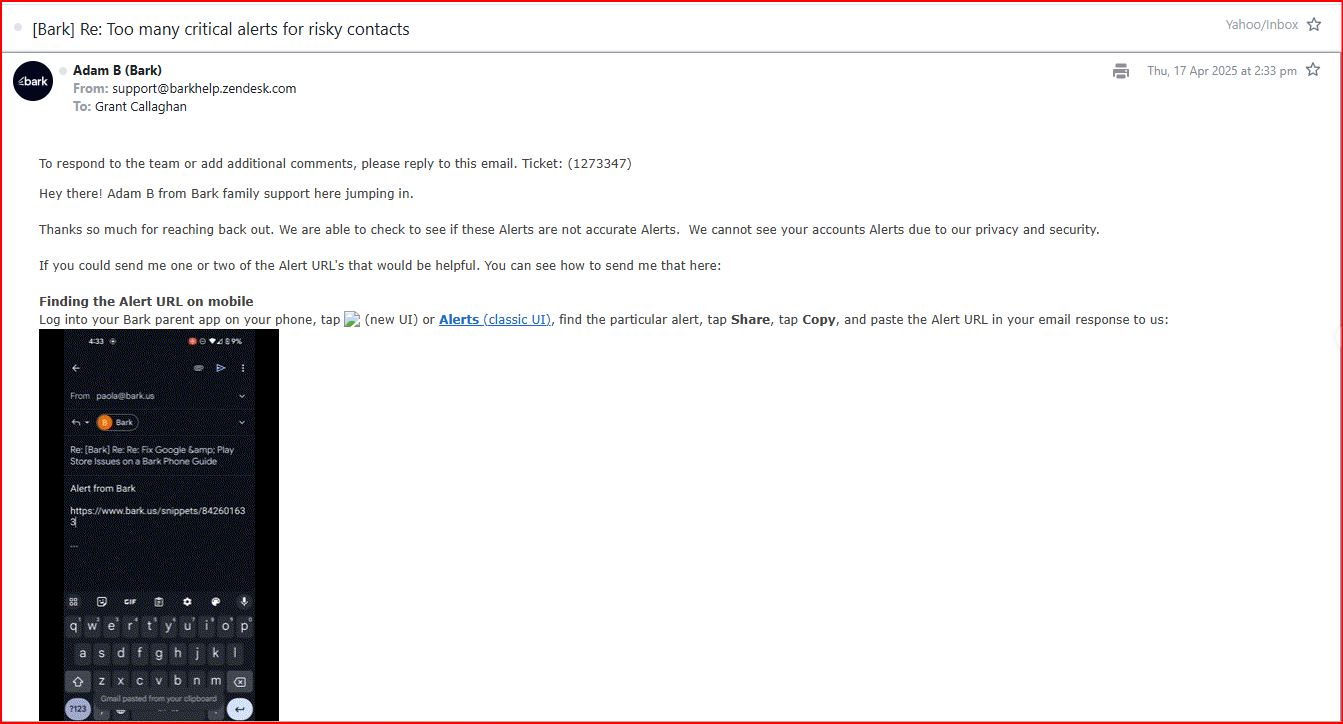 Bark support asking me to find and send an individual alert URL