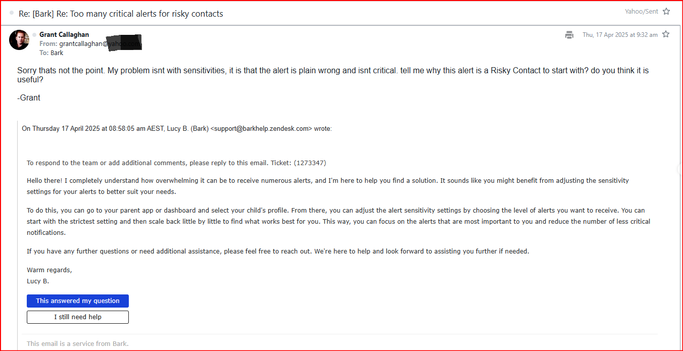 Bark support recommending sensitivity changes and my reply that sensitivity was not the issue