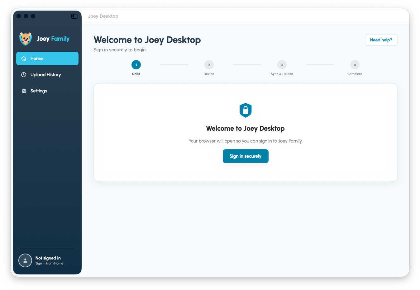 Joey Desktop for Mac welcome screen showing the child, device, sync and upload, and completion steps