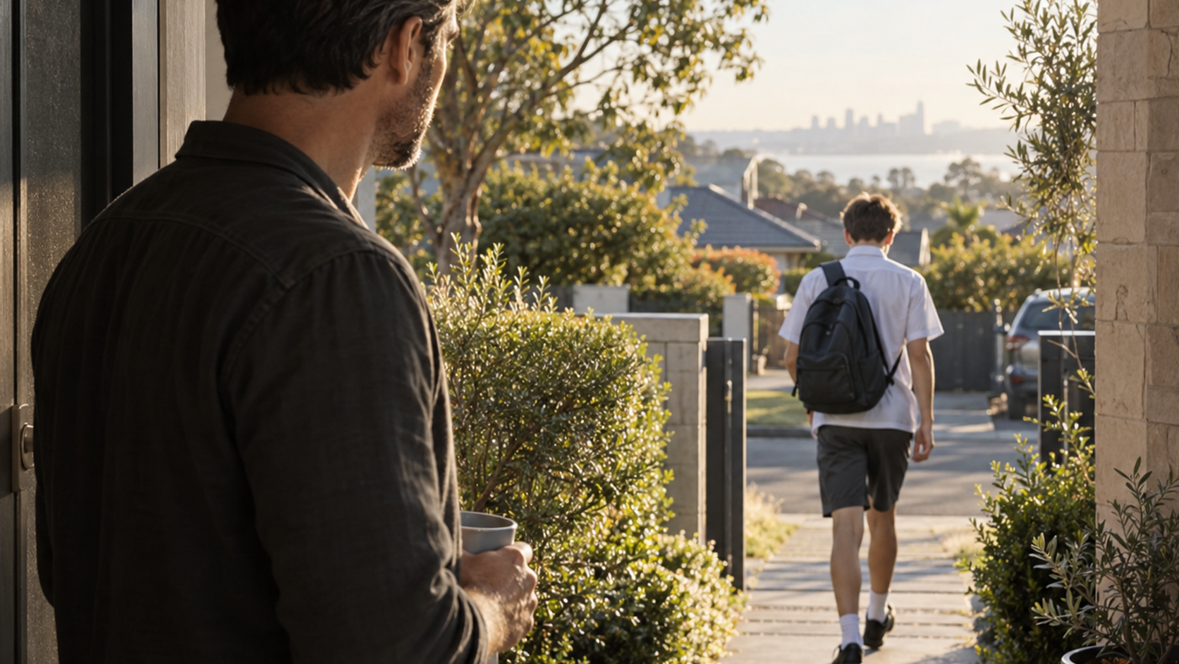A father watches his teenage son leave for school on a quiet morning.