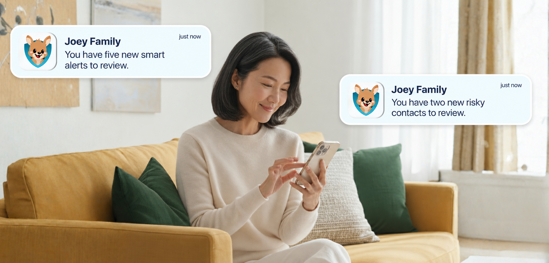 A parent using her phone, with Joey Family notifications: You have five new smart alerts to review. You have two new risky contacts to review.